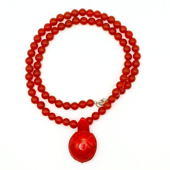 Real Red Carnelian Agate Beaded Handmade Coral Turtle Pendant 19 Inch Necklace - Picture 1 of 3